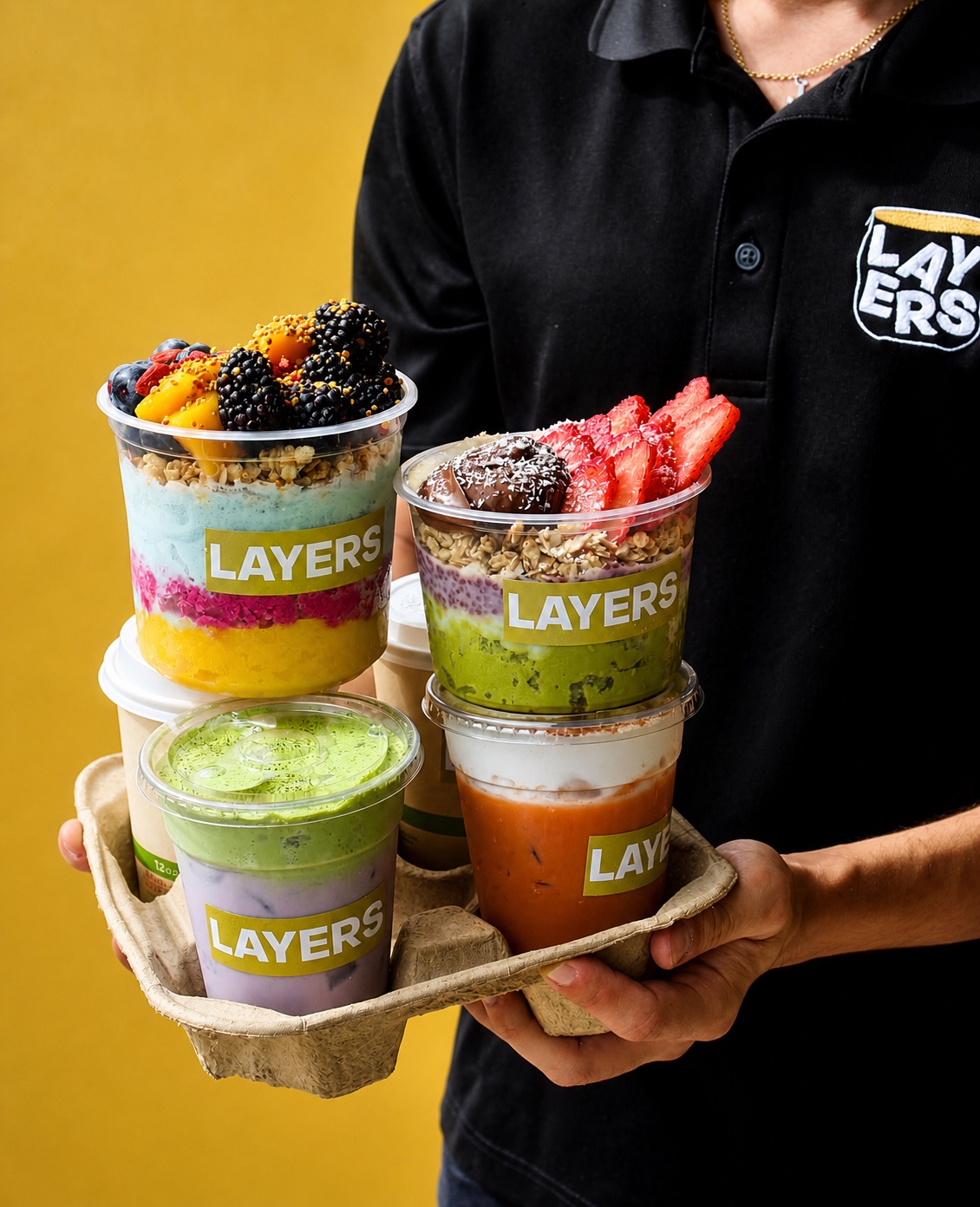 Selección de bowls y bebidas de Layers